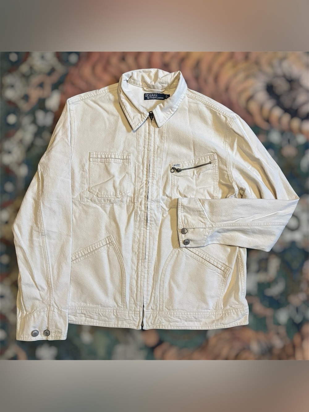 Vintage 90s Polo Ralph Lauren Utility Workwear Canvas Jacket White Large Mens